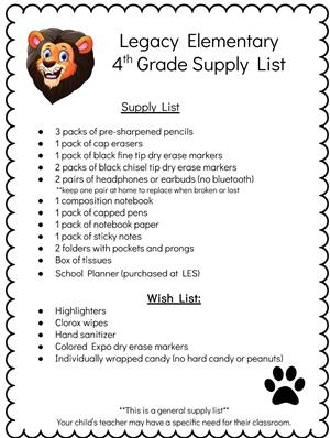 4th grade supply list